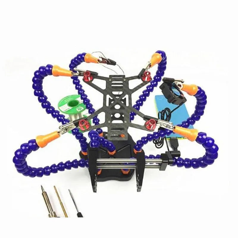 Black and purple aluminium alloy welding station with six claws and seven auxiliary arms for model repair