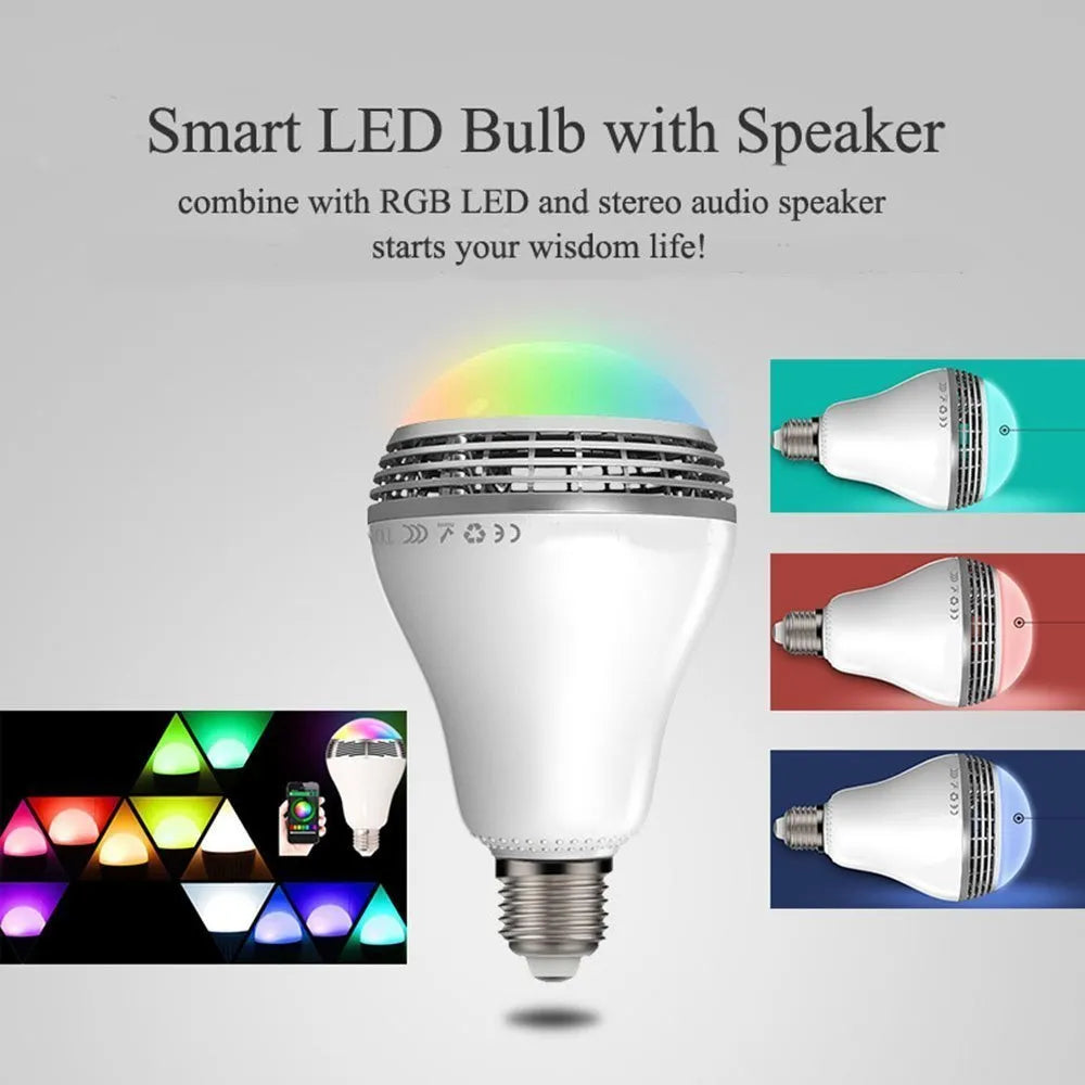 White E27 LED smart bulb with Bluetooth speaker, showing PC body and dimensions 100x150mm.