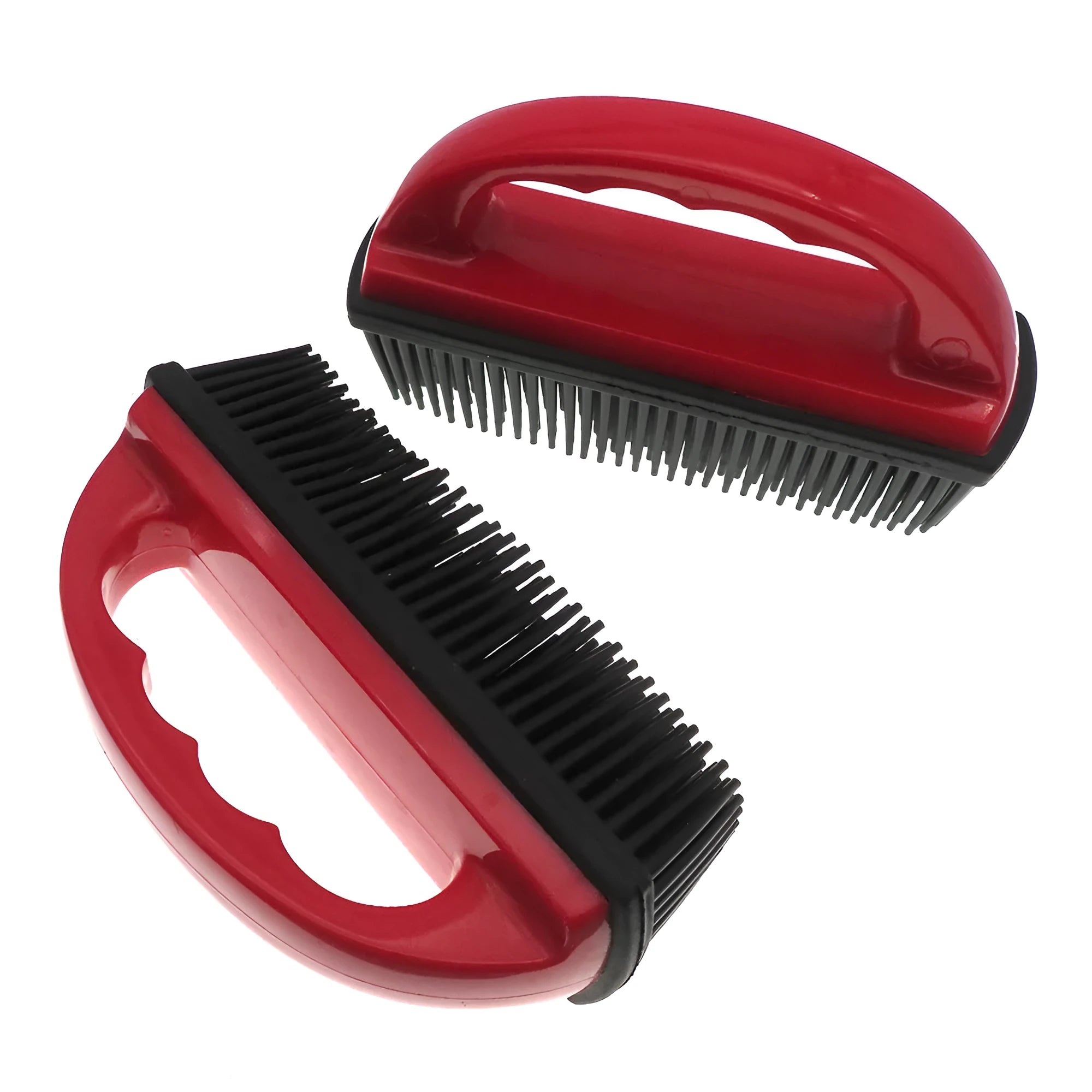 Red pet grooming brush with hair removal and massage functions for bath time and carpet cleaning