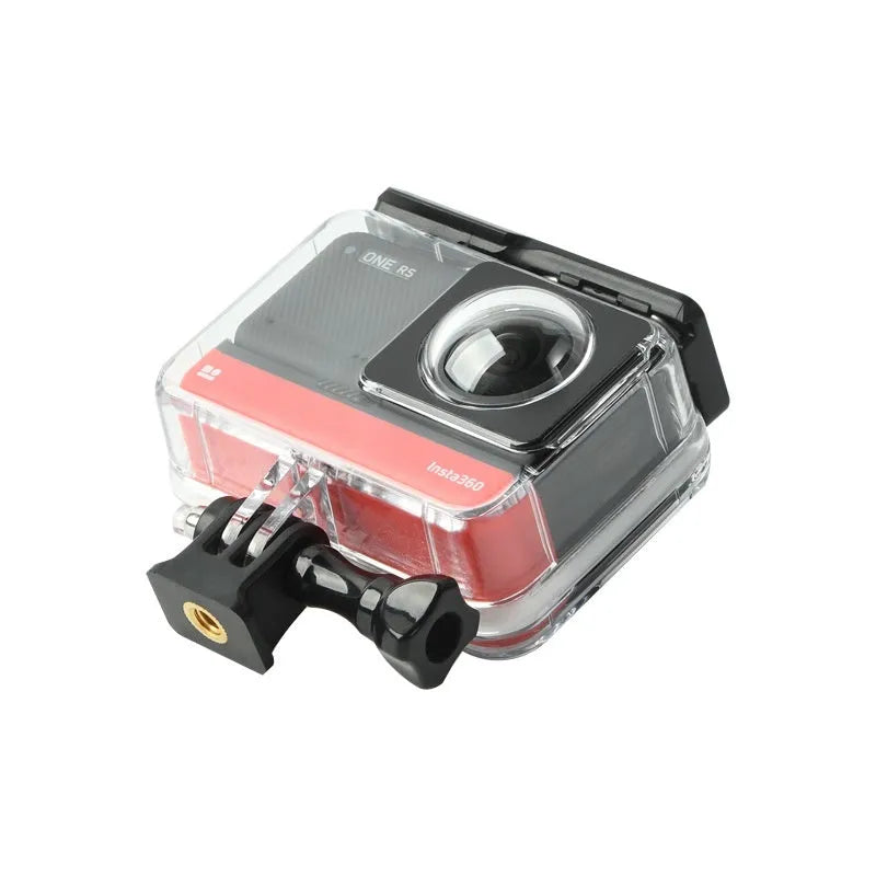 Transparent underwater housing case for Insta360 One RS panoramic camera with dimensions 9x8x4.5 cm