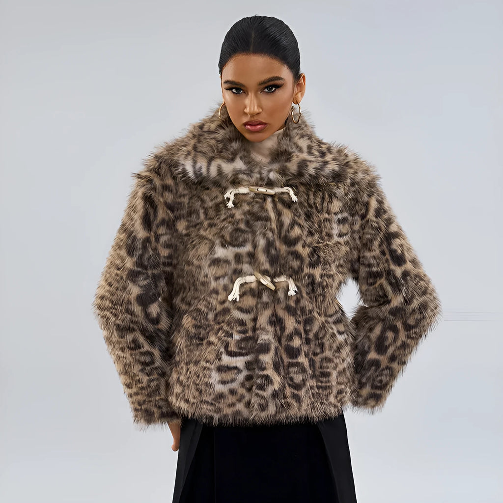 Women's leopard print coat with buckle lapel detail in street fashion style