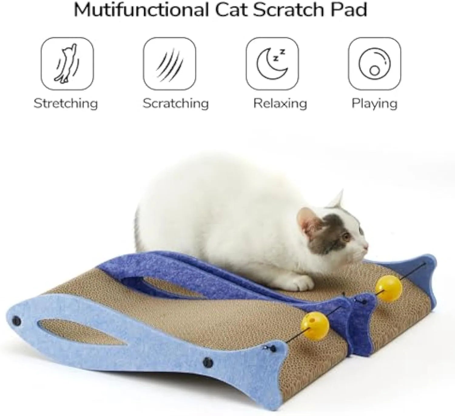 Blue fish-shaped cardboard cat scratcher with a wavy lounging area and a hanging bell ball toy.