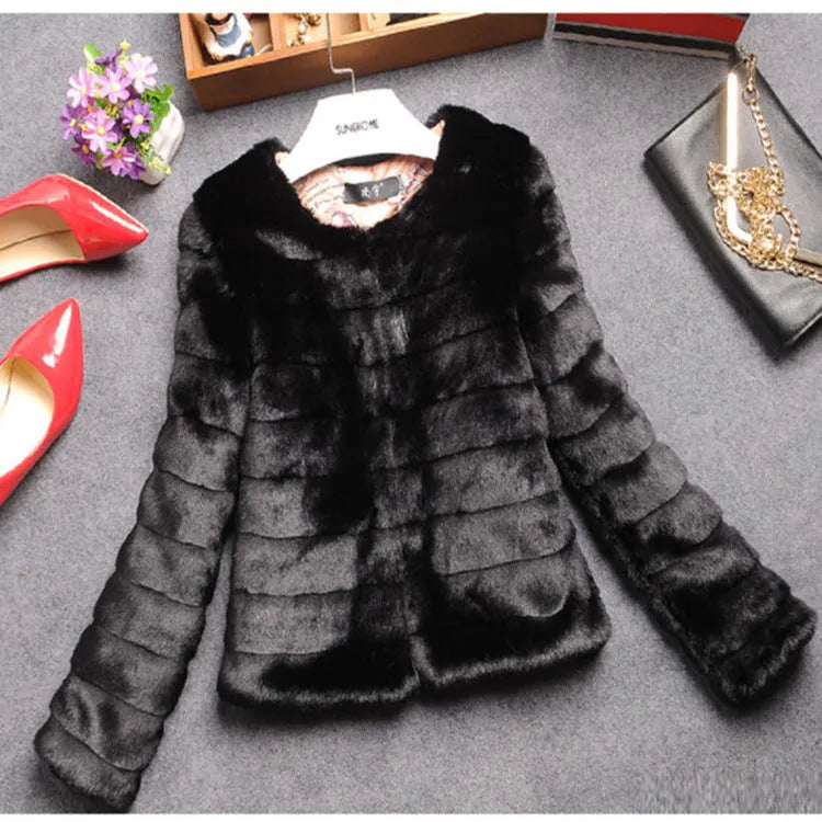 Women's white faux fur short sleeve street fashion top showing rabbit-style texture