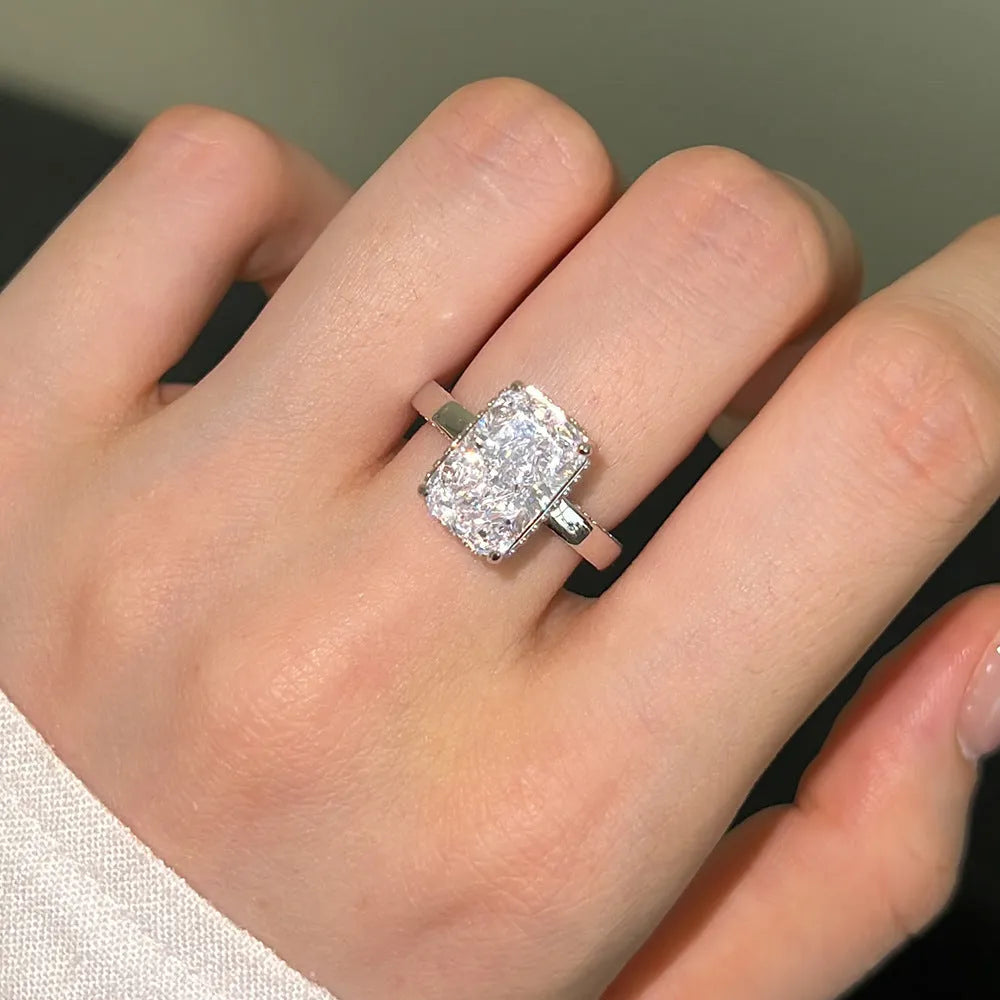 French S925 sterling silver ring for women – geometric quadrilateral shape, platinum white diamond finish, size No 7 on finger
