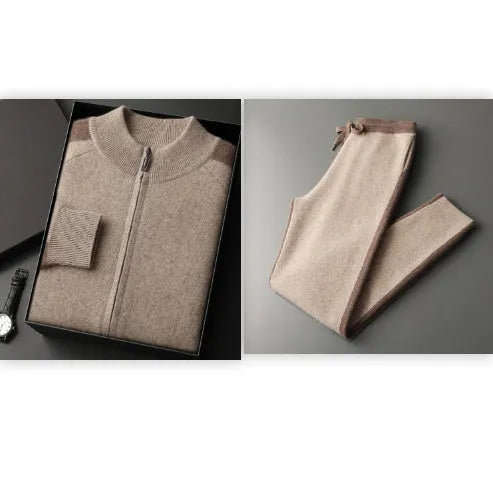 Men's camel coloured cashmere wool blend knitted cardigan suit with half turtleneck zip-up top and matching trousers