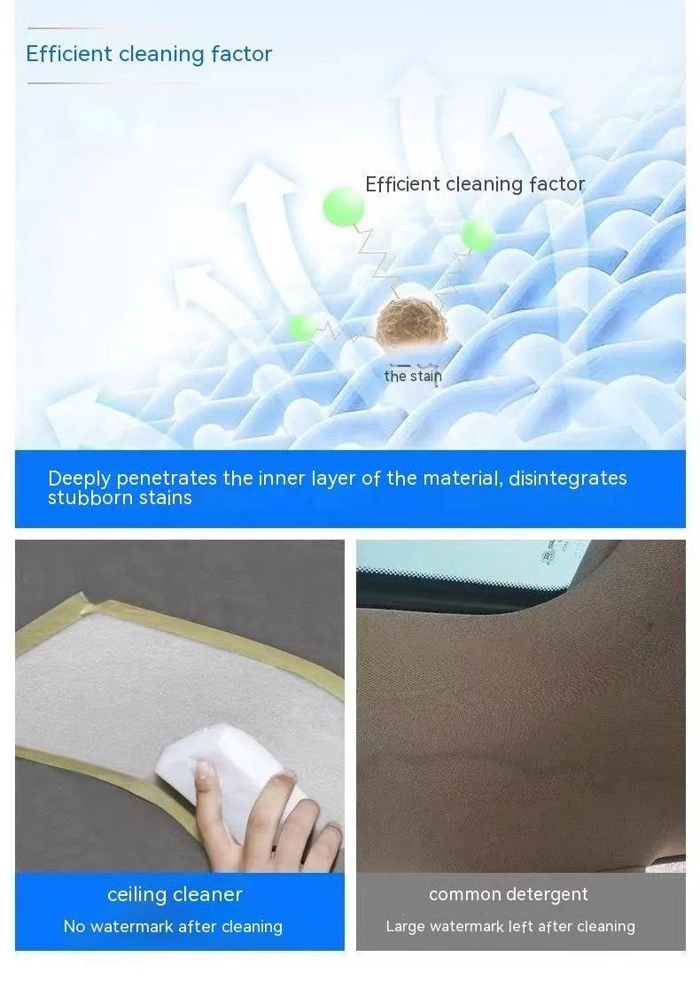 UL ultrasonic fabric roof foam decontamination cleaner bottle with towel and sponge wipes for vehicle ceilings.