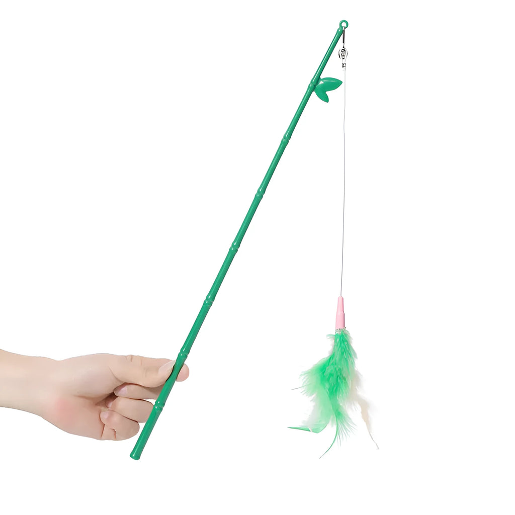 Green interactive cat feather wand toy with bell attachments for feline exercise and training
