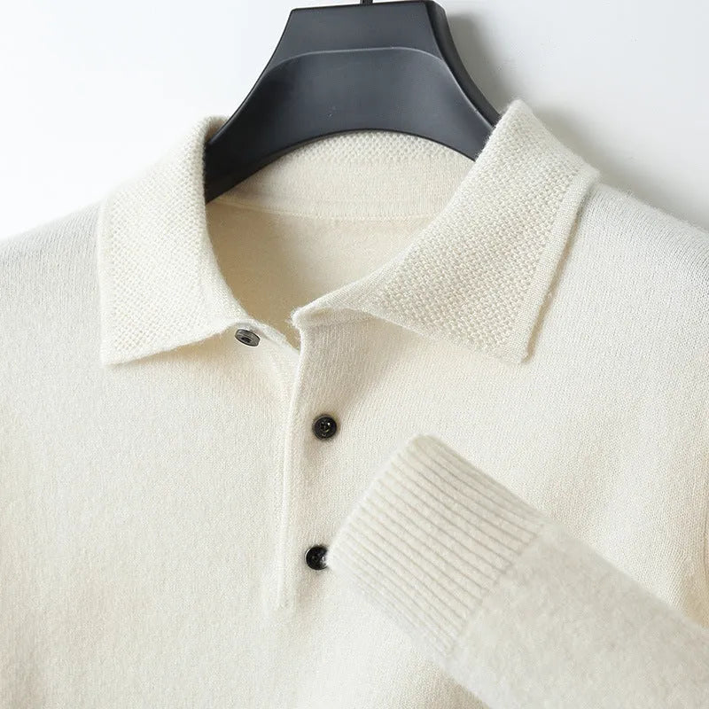 Men's wool polo collar pullover sweater in noble blue colour, showing long sleeves and collar detail.
