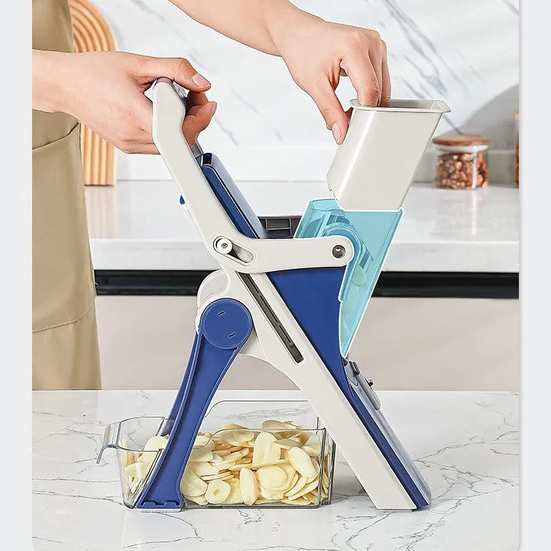 Purple vegetable chopper with wire planer on a kitchen counter