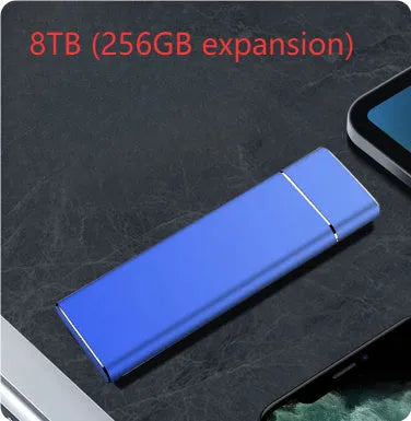 Sapphire blue portable solid state external hard disk with metal shell showing compact design