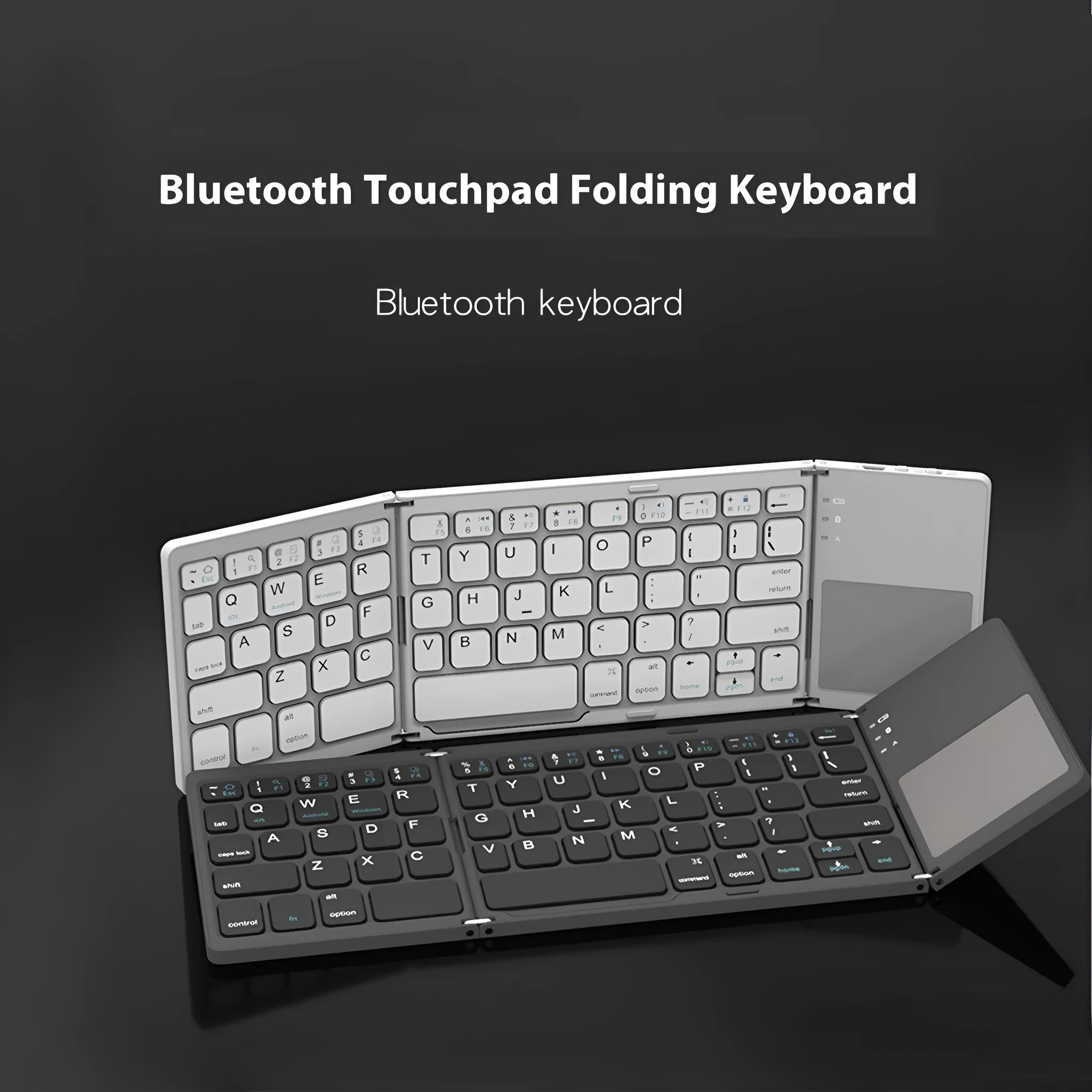 Tri-fold Bluetooth keyboard shown both folded and unfolded with black and silver colour options