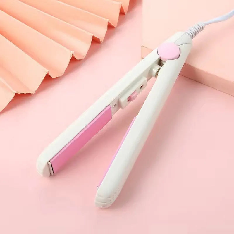 Mini hair straightener with storage box in choice of blue, pink, purple, white or yellow colour