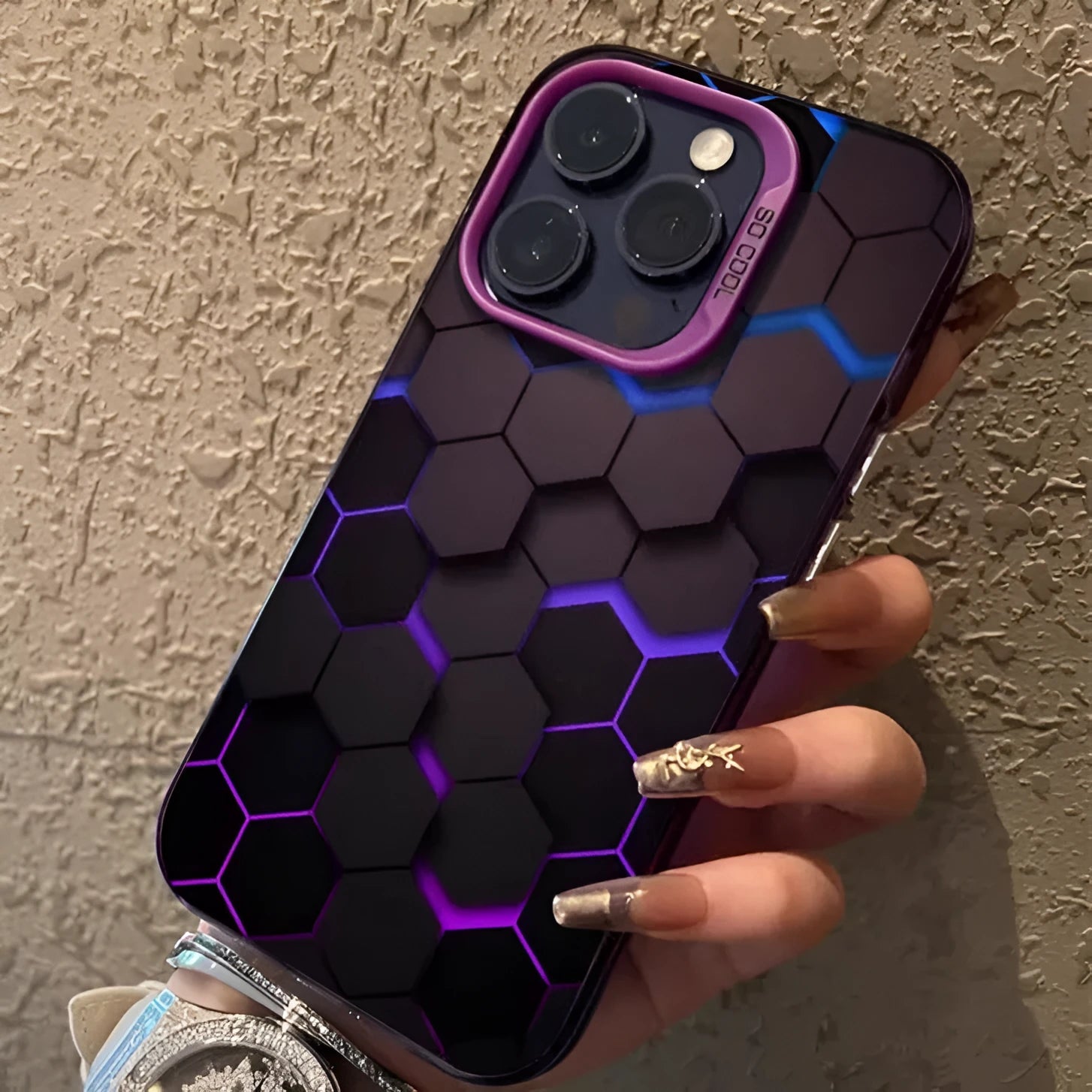 Frosted iPhone case with a contrasting honeycomb square design on the back in Moonlight Black.