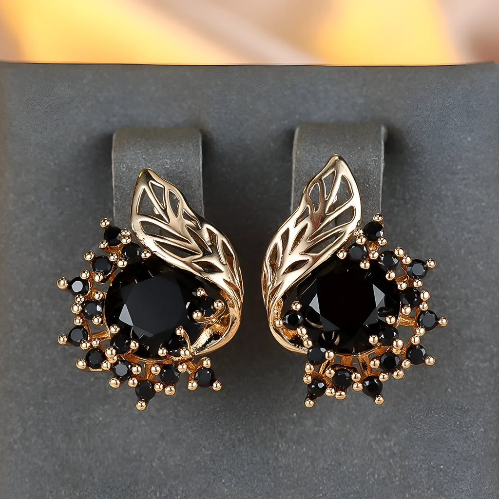 Round flowers feather design rose gold zircon earrings with coloured stone centre options