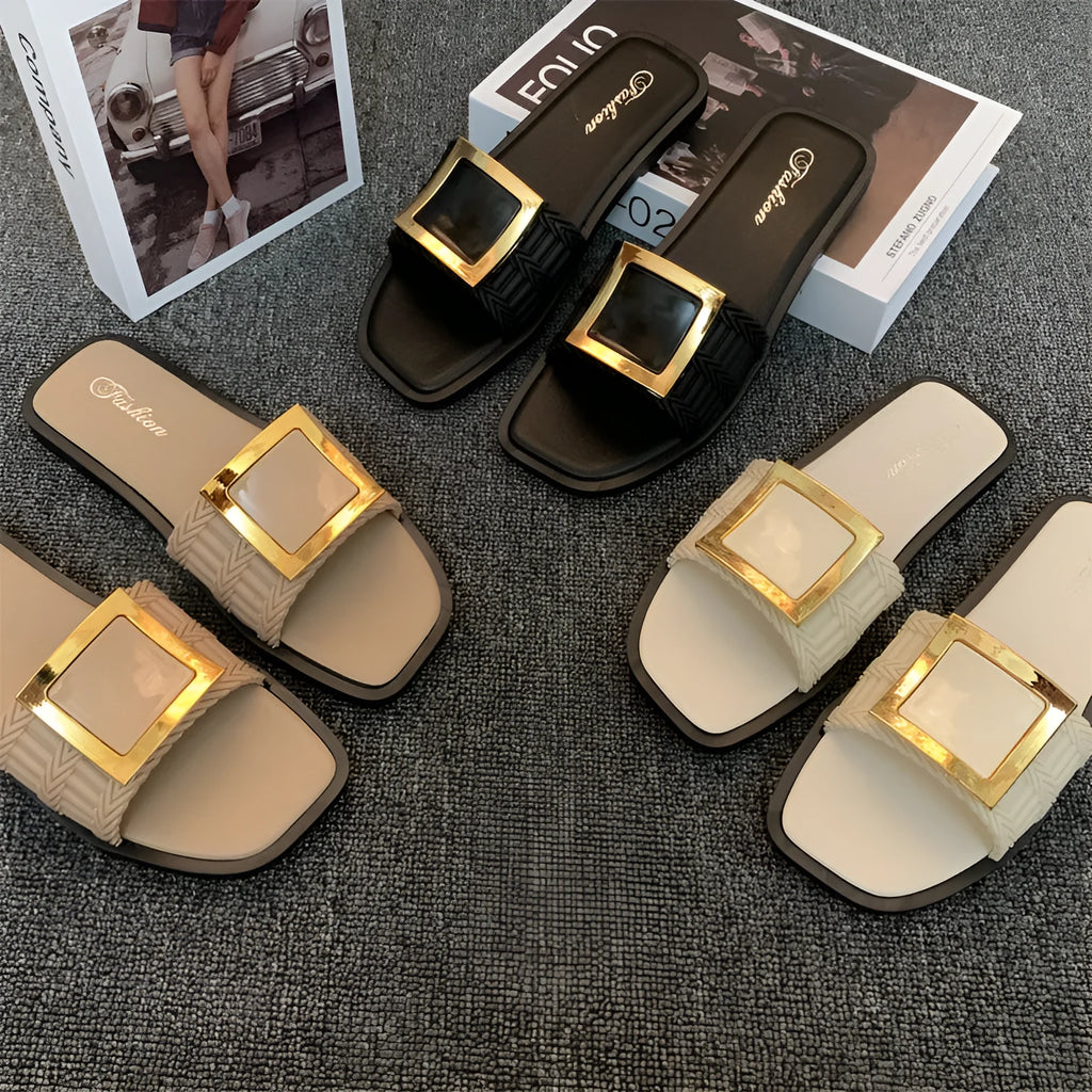 Women's apricot summer flat slippers with a non-slip PVC sole, shown on a light background.