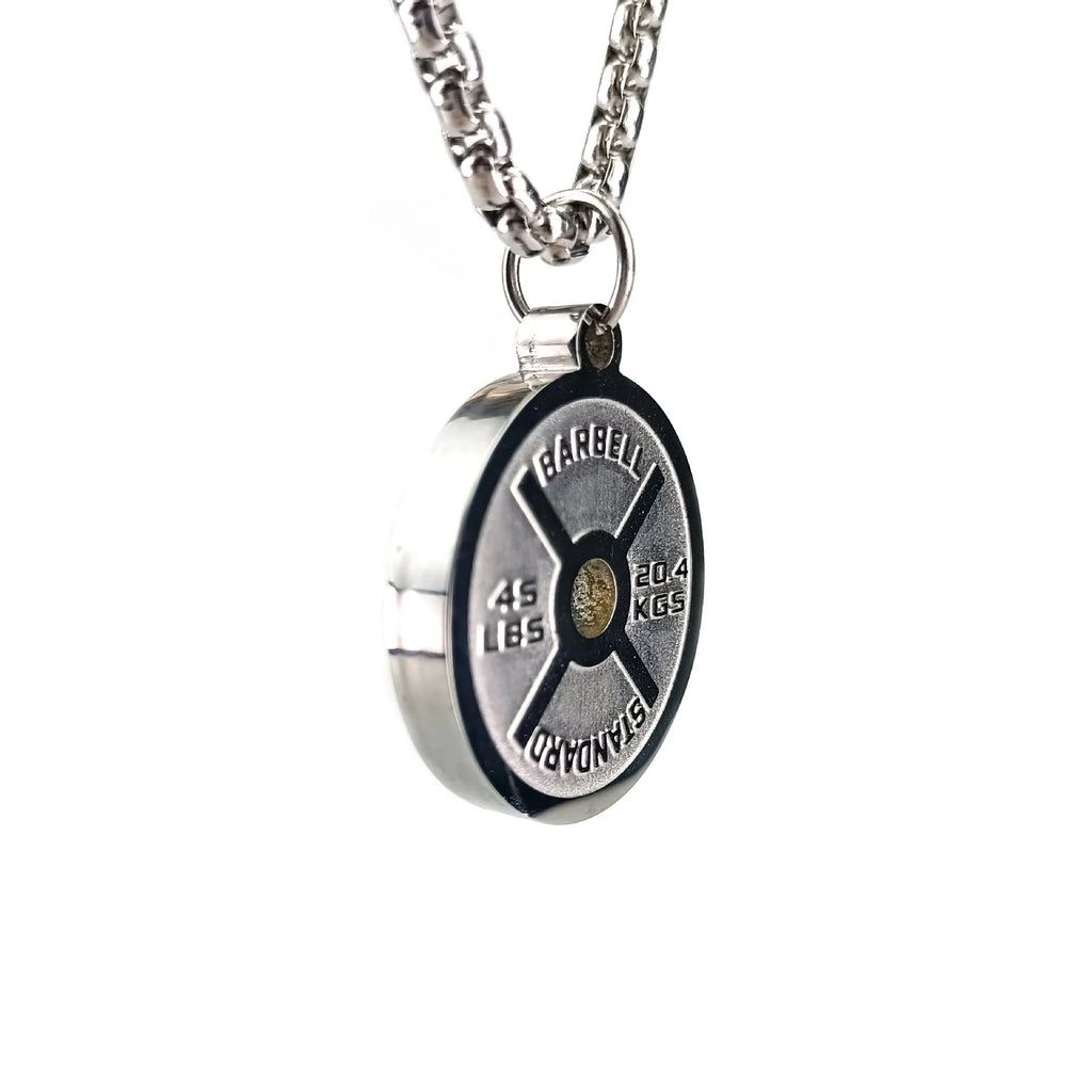 Polished stainless steel geometric barbell disk necklace on a choice of 60cm chains.