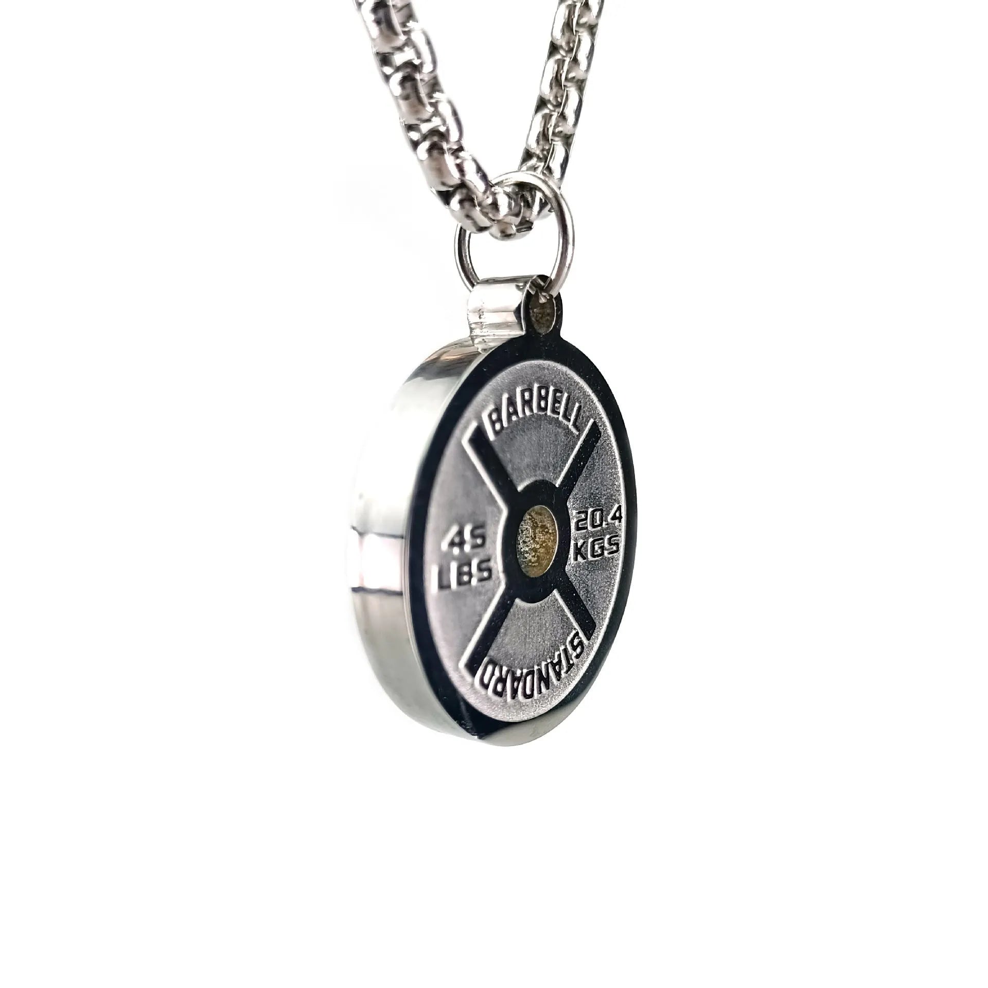 Polished stainless steel geometric barbell disk necklace on a choice of 60cm chains.