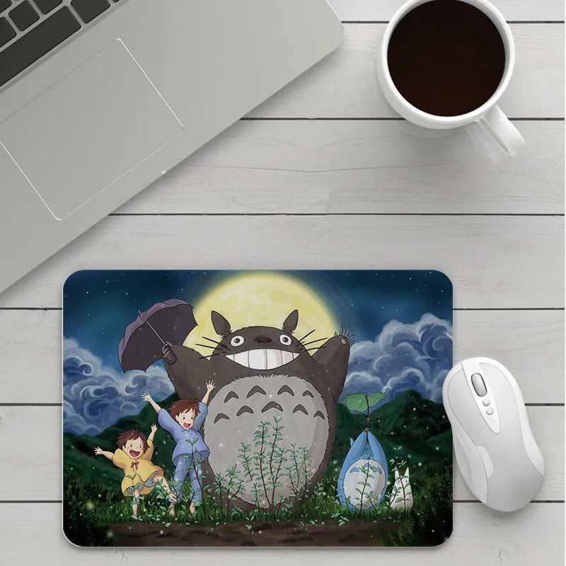 Custom cartoon mouse pad with thickening, showing example artwork on non-slip rubber and cloth base.