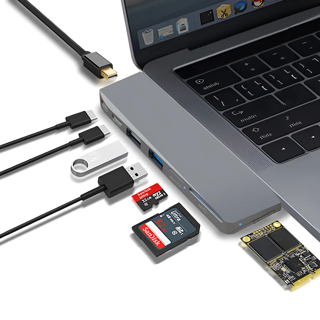Silver 8-in-1 USB-C hub for MacBook Pro with multiple ports including USB 3.0, HDMI, and card slots
