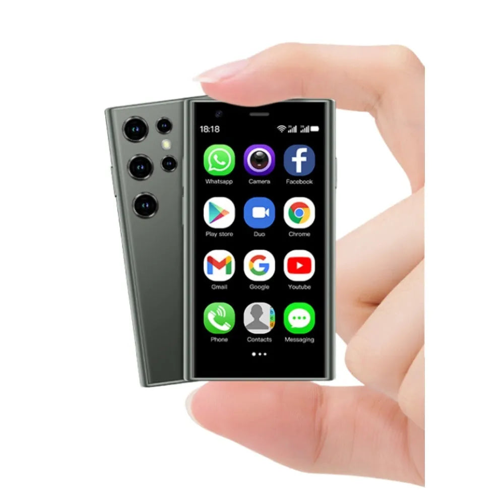 Mini Android smartphone with 30cm screen in black, green or pink purple colours showing compact design