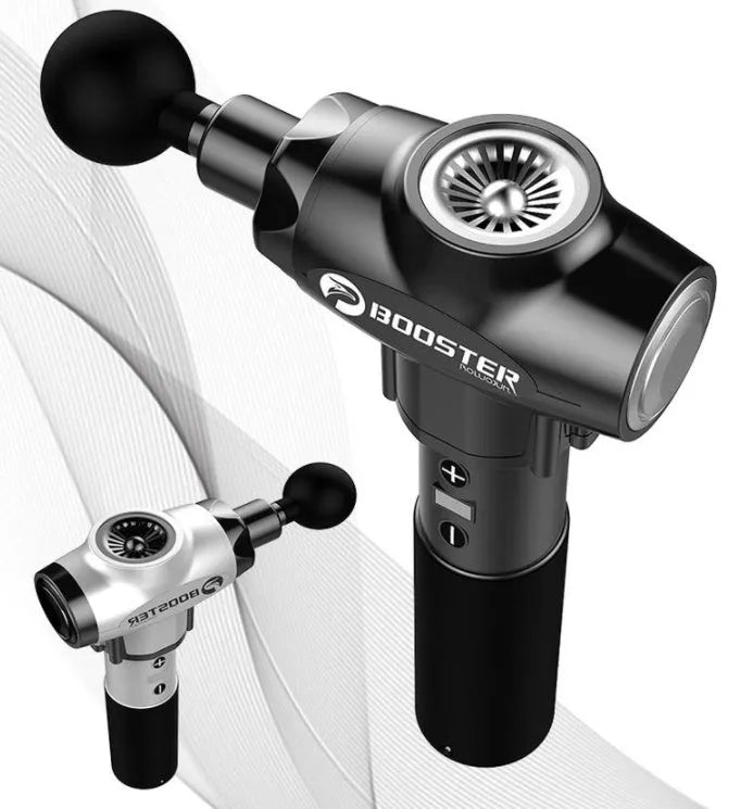 Black and white portable massage gun with adjustable speed control for muscle therapy