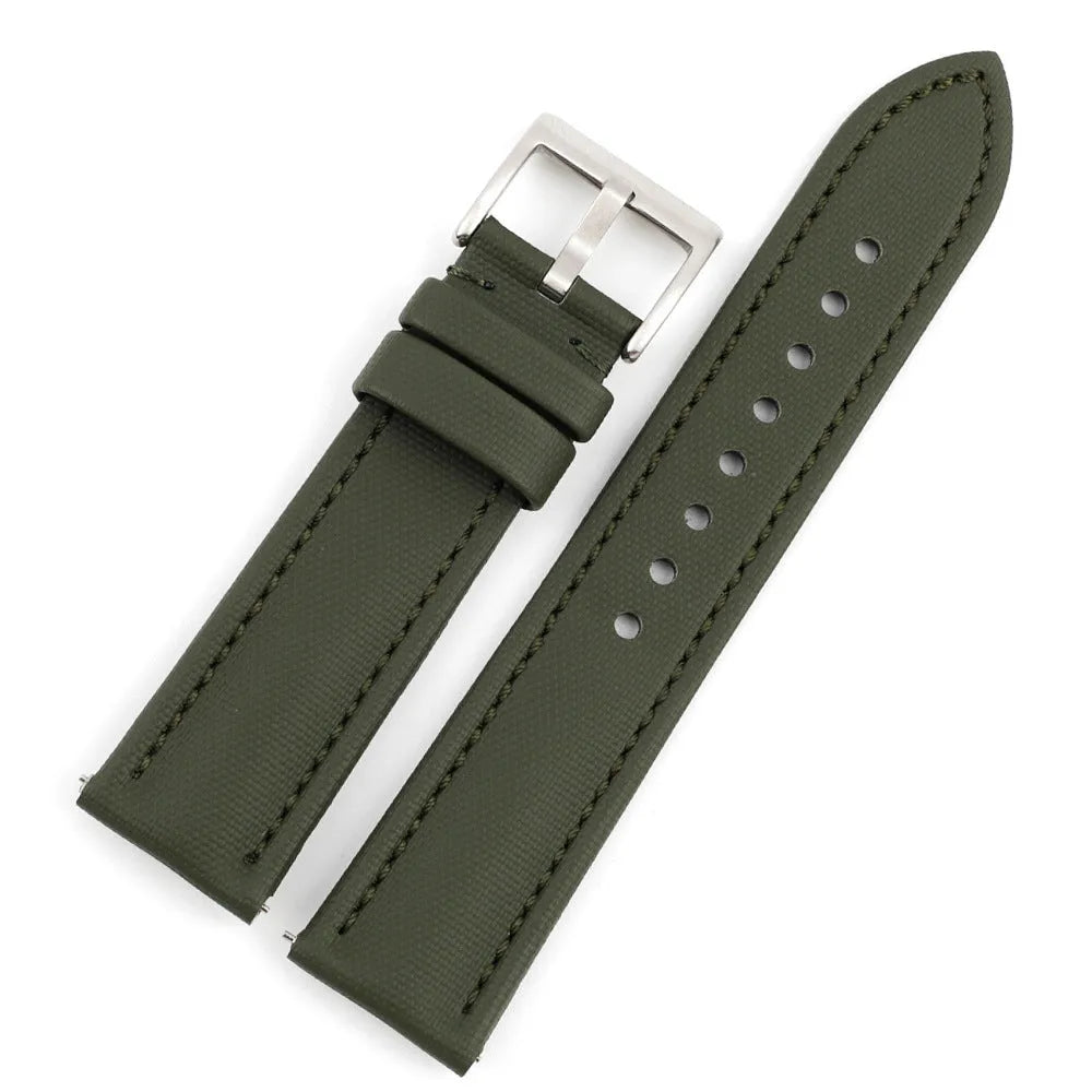Oxford water-repellent cloth leather watch strap in beige with stitch detail on white background