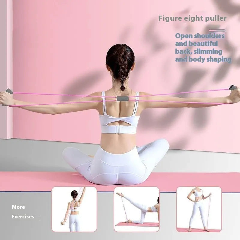 Yoga four-piece fitness set with leg stretching device, yoga ring, pedal tensioner, and figure eight tension rope