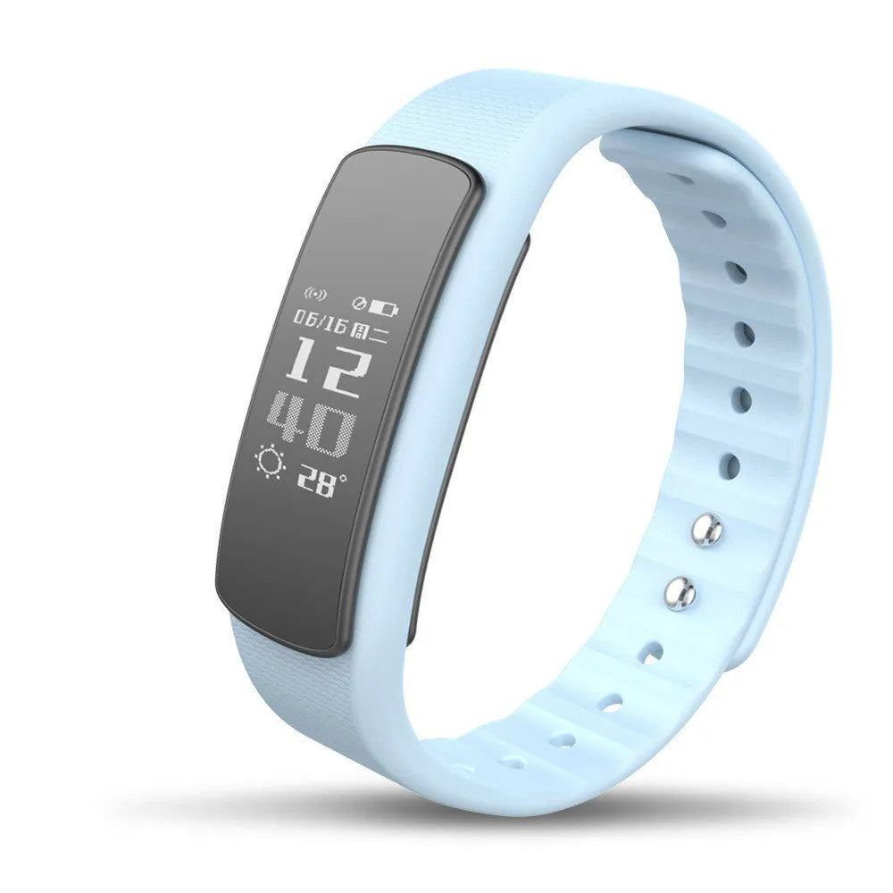 I6 smart sports bracelet with 0.96-inch touch screen showing health metrics on black or green TPU wristband