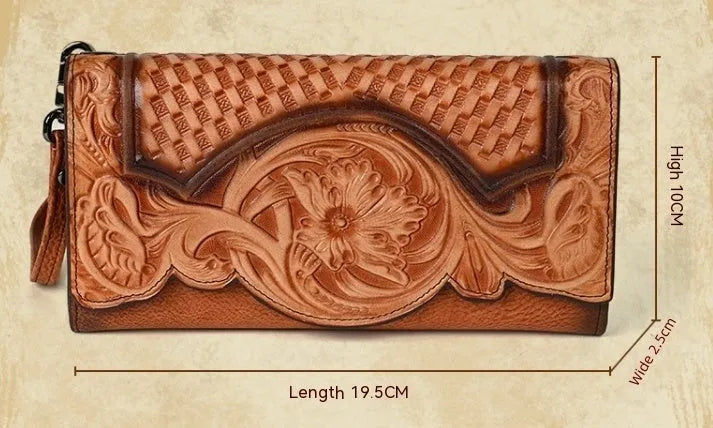 Women's retro brown tri-fold leather wallet with an embossed Chinese floral pattern, shown open.