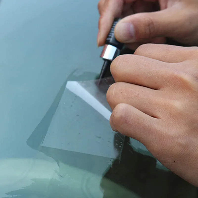 Yellow three-piece car windscreen repair tool set with glass repair liquid