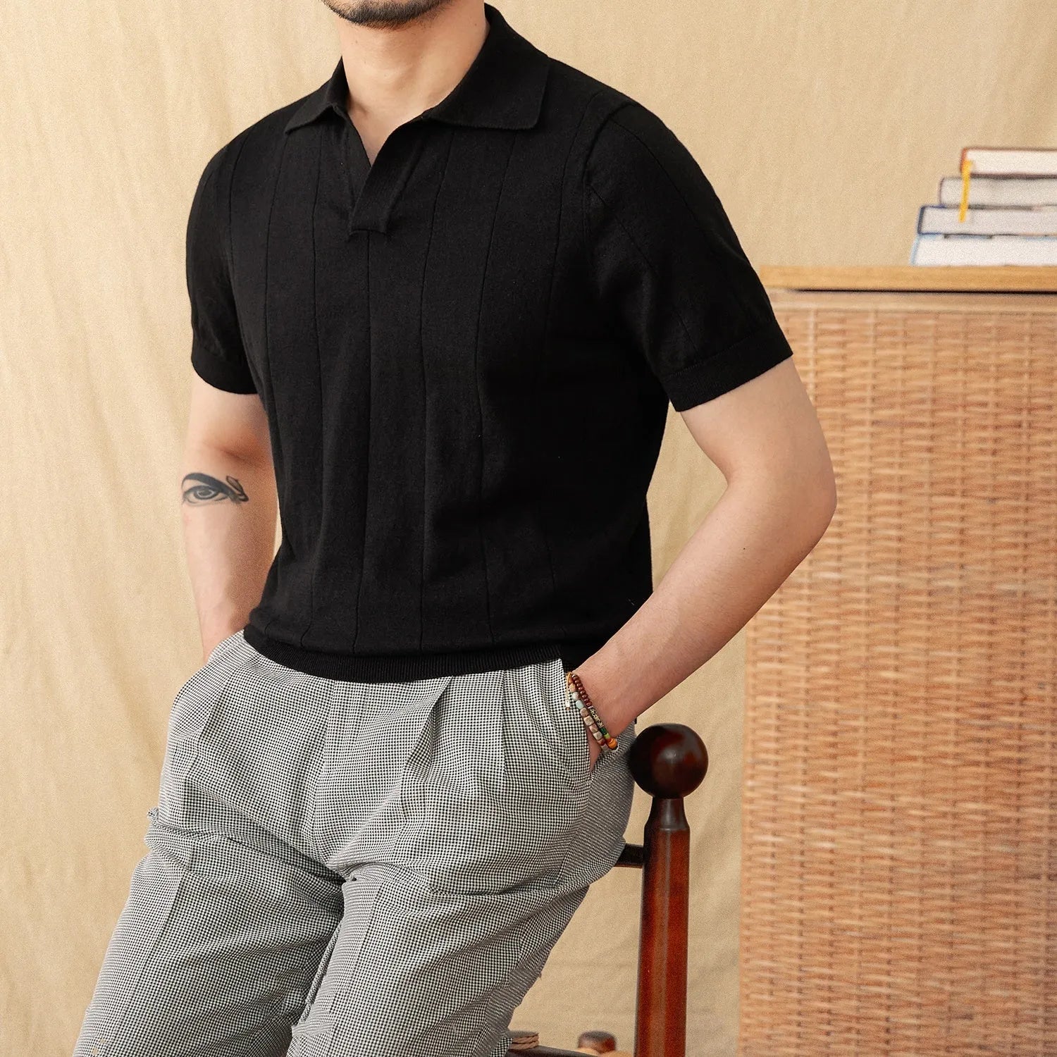 Men's cotton linen blend short sleeve polo shirt with sunken stripe knitted texture and seagull collar