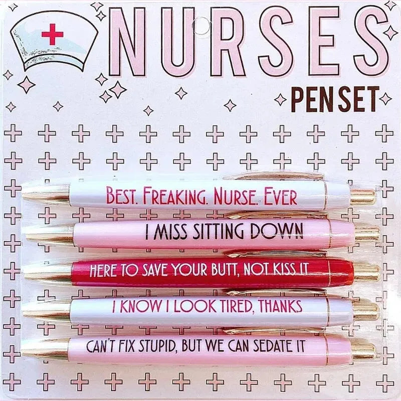 Five nurse-themed retractable ballpoint pens showing plastic construction and medical humour design elements