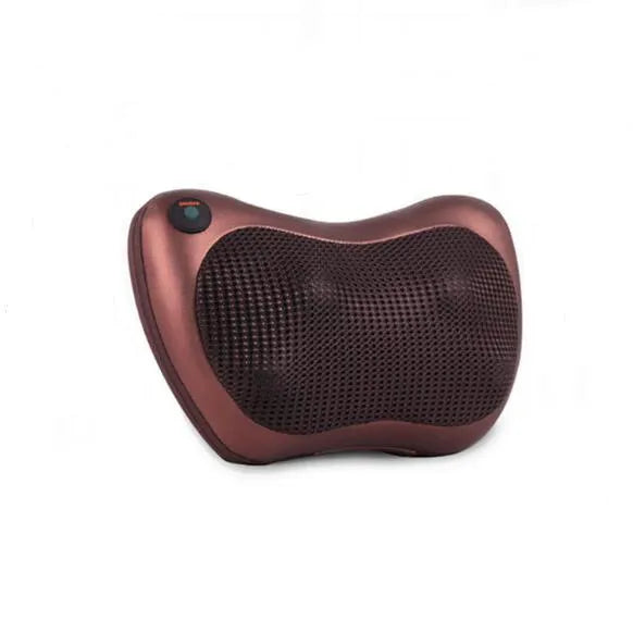 Electric infrared kneading massage pillow in black PU leather with control buttons and adjustable fixing strap for car seat use