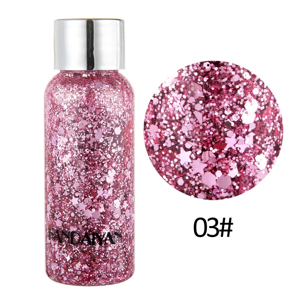 Chunky glitter body gel with laser sequins in a small pot, suitable for face hair nails and body decoration