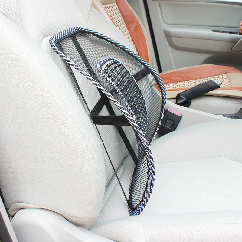 Black car lumbar support pillow with polypropylene fibre surface measuring 41x39cm