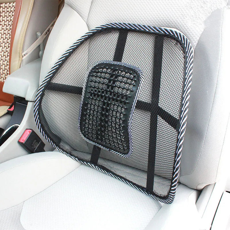 Black car lumbar support pillow with polypropylene fibre surface measuring 41x39cm