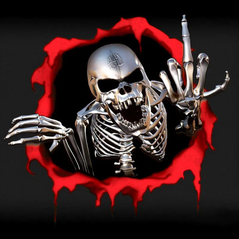 Metal skull design reflective bumper sticker with colourful broken shell texture, 15cm x 14cm PET vinyl