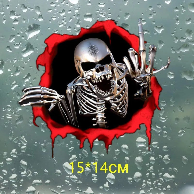 Metal skull design reflective bumper sticker with colourful broken shell texture, 15cm x 14cm PET vinyl