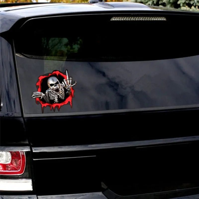 Metal skull design reflective bumper sticker with colourful broken shell texture, 15cm x 14cm PET vinyl