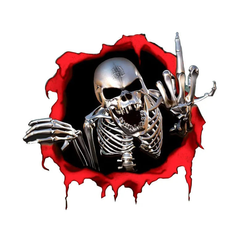 Metal skull design reflective bumper sticker with colourful broken shell texture, 15cm x 14cm PET vinyl