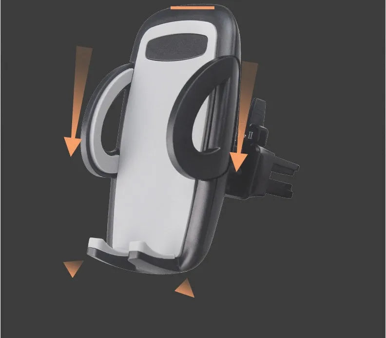 Black plastic car mobile phone holder mounted on air conditioning vent with adjustable arms gripping smartphone