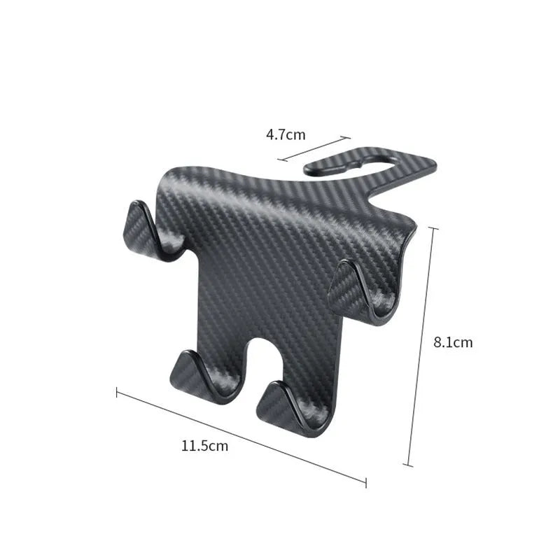 Black ABS plastic car hook with integrated mobile phone holder bracket for rear seat backs.