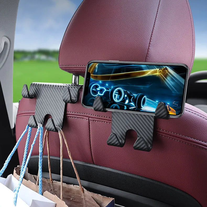 Black ABS plastic car hook with integrated mobile phone holder bracket for rear seat backs.