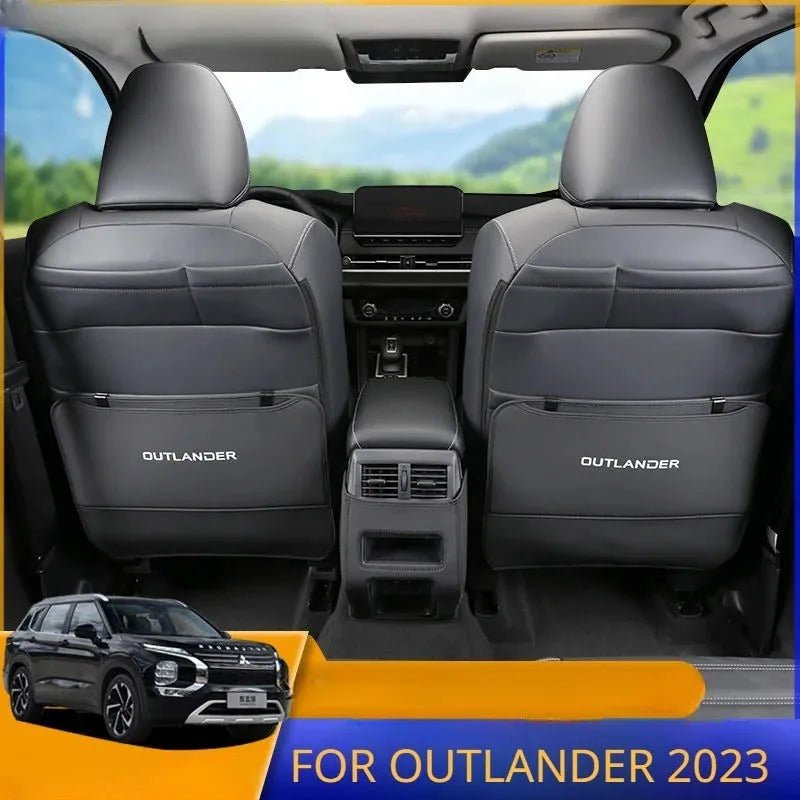 Set of three leather anti-kick pads for Mitsubishi Outlander seats and console in black, grey, and brown.