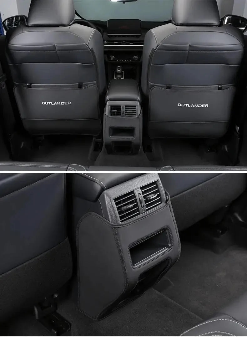 Set of three leather anti-kick pads for Mitsubishi Outlander seats and console in black, grey, and brown.