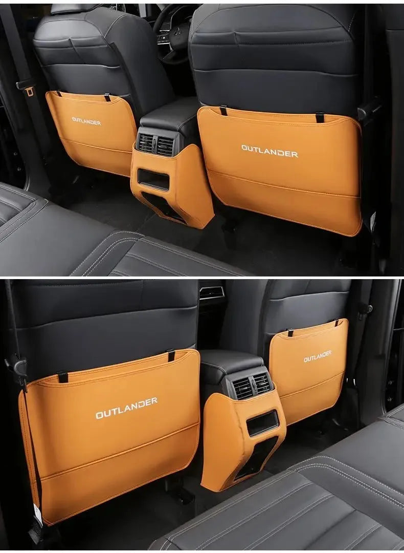 Set of three leather anti-kick pads for Mitsubishi Outlander seats and console in black, grey, and brown.