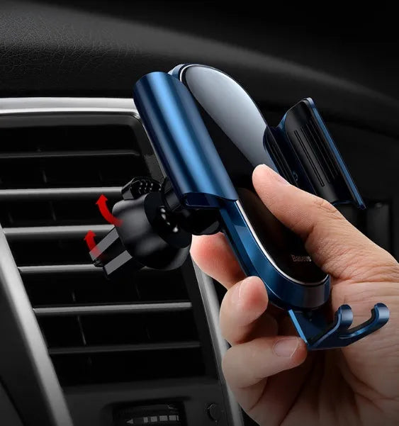 Universal smart car bracket with magnetic dashboard mount and adjustable arm in black, blue, and silvery colours.