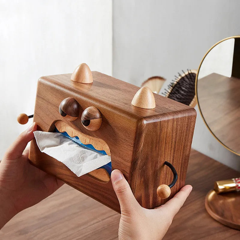 Wooden cartoon Monster tissue box organiser in Walnut Beech finish