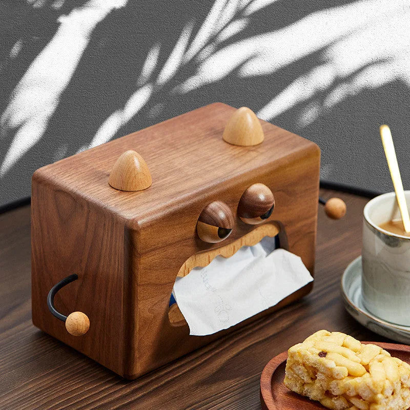 Wooden cartoon Monster tissue box organiser in Walnut Beech finish