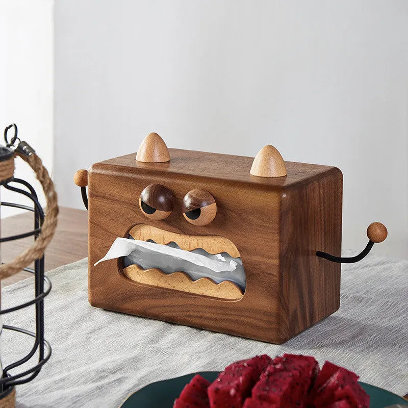 Wooden cartoon Monster tissue box organiser in Walnut Beech finish